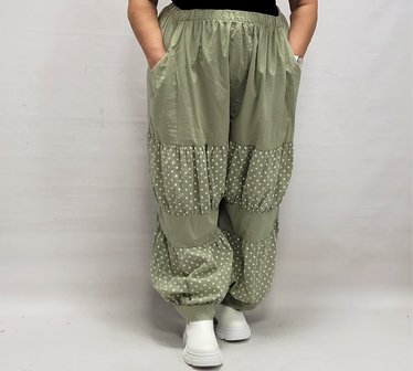 Gedrapeerde broek olijfgroen met stippen, steekzakken, rekbare taille, 