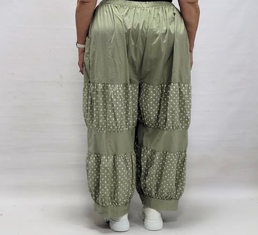 Gedrapeerde broek olijfgroen met stippen, steekzakken, rekbare taille, 