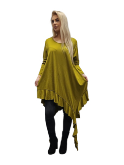 Sweater olijfgroen asymmetrisch met geplooide stroken