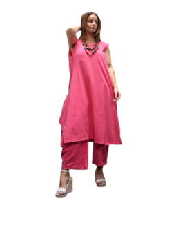 Jurk- lange roze tuniek mouwloos-tricot 