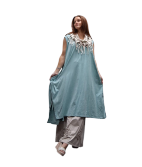 Jurk- lange donker mint mouwloos-tricot 