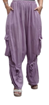 Wijde broek lila met grote zakken100% cotton
