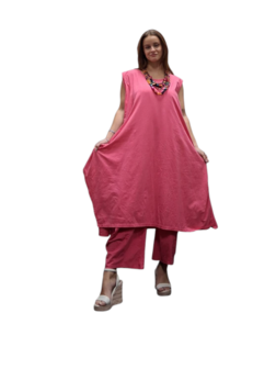 Jurk- lange roze tuniek mouwloos-tricot 