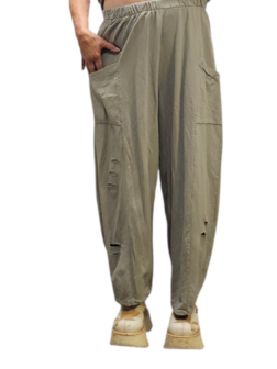 Wijde broek greige met leuke inknipsels 100% cotton