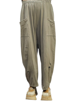 Wijde broek greige met leuke inknipsels 100% cotton