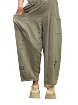 Wijde broek greige met leuke inknipsels 100% cotton