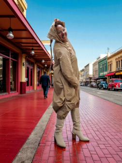 Lange tussenjas beige met lange puntmuts