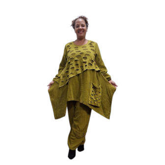 Tuniek mousseline stof asymmetrisch olijf tweelaags