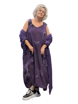 Jurk mouwloos purple met print 100% linnen