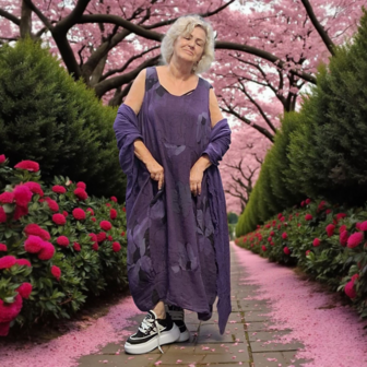 Jurk mouwloos purple met print 100% linnen