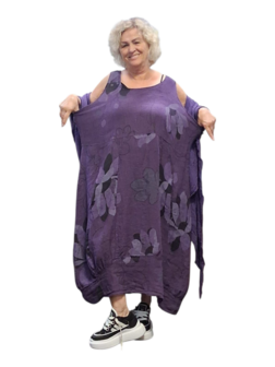 Jurk mouwloos purple met print 100% linnen