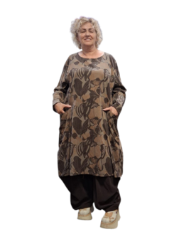 Jurk / lange tuniek taupe met print corduroy