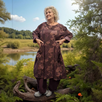 Jurk / lange tuniek aubergine met print corduroy