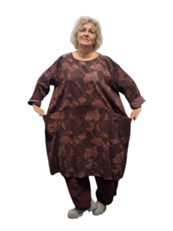 Jurk / lange tuniek aubergine met print corduroy