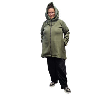 Korte tussenjas groen met capuchon ribfluweel/corduroy