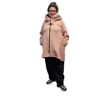 Korte tussenjas roze met capuchon ribfluweel/corduroy