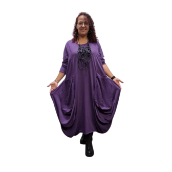 Aparte-lange jurk met grote zakken purple gedeeltelijke mousseline stof 