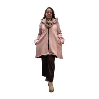 Korte tussenjas roze met capuchon ribfluweel/corduroy