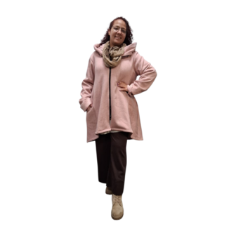 Korte tussenjas roze met capuchon ribfluweel/corduroy