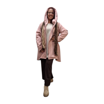 Korte tussenjas roze met capuchon ribfluweel/corduroy