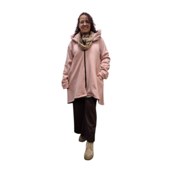 Korte tussenjas roze met capuchon ribfluweel/corduroy