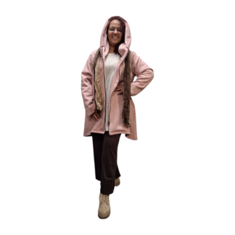 Korte tussenjas roze met capuchon ribfluweel/corduroy