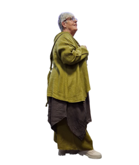 Jasje/vest groen met puntmuts, asymmetrisch 100% linnen