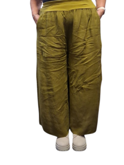 Wijde broek groen met brede rekbare tailleband 100% linnen