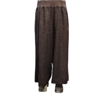 Wijde broek bruin met brede rekbare tailleband 100% linnen
