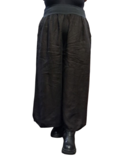 Wijde broek bruin met brede rekbare tailleband 100% linnen