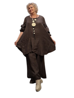 A-lijn tuniek  bruin 100%-linnen met zak