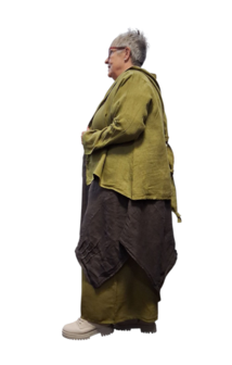 Jasje/vest groen met puntmuts, asymmetrisch 100% linnen