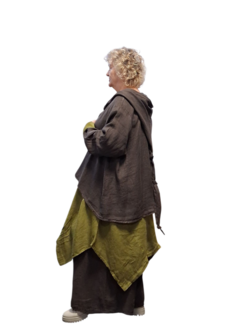 Jasje/vest bruin met puntmuts, asymmetrisch 100% linnen