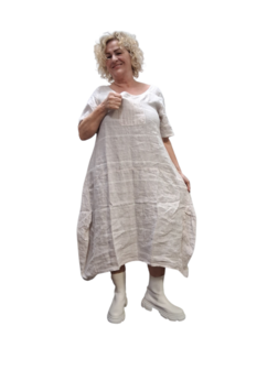 Jurk beige/wit gestreept 100% linnen