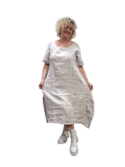 Jurk beige/wit gestreept 100% linnen