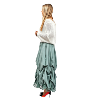 Rok, mintgroen, met ophaaltjes ,rekbare taille, in lengte verstelbare rok, kantzoom
