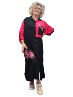 Lange blouse/jurk zwart fuchsia met borduursel