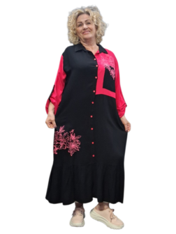 Lange blouse/jurk zwart fuchsia met borduursel