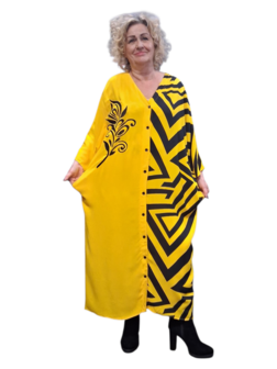 Kaftan geel met zwart print
