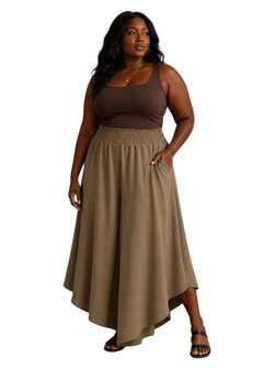 Curvy ruim vallende broekrok taupe rekbare tailleband