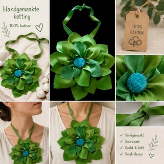 Handgemaakte ketting groen met grote bloem