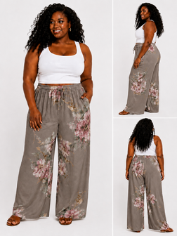 Zomerbroek taupe met print en rekbare taille