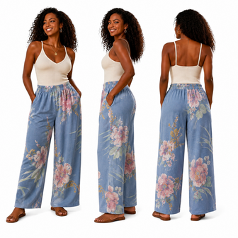 Zomerbroek blauw met print en rekbare taille