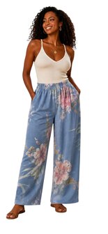 Zomerbroek blauw met print en rekbare taille