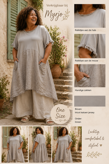 Linnen &amp; jersey jurk taupe