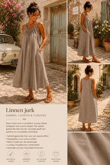 100% linnen Zomerjurk taupe met rekbare hals 
