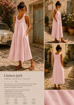 100% linnen Zomerjurk licht roze met rekbare hals 