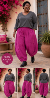 Broek  framboos met leuke details op kniehoogte 