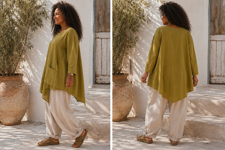 Een eigentijdse tuniek olijf met asymmetrische zoom