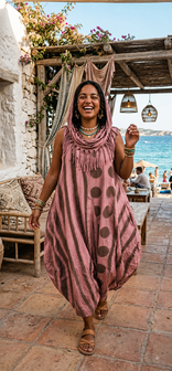 Mouwloze jurk, oud roze met unieke printdetails  